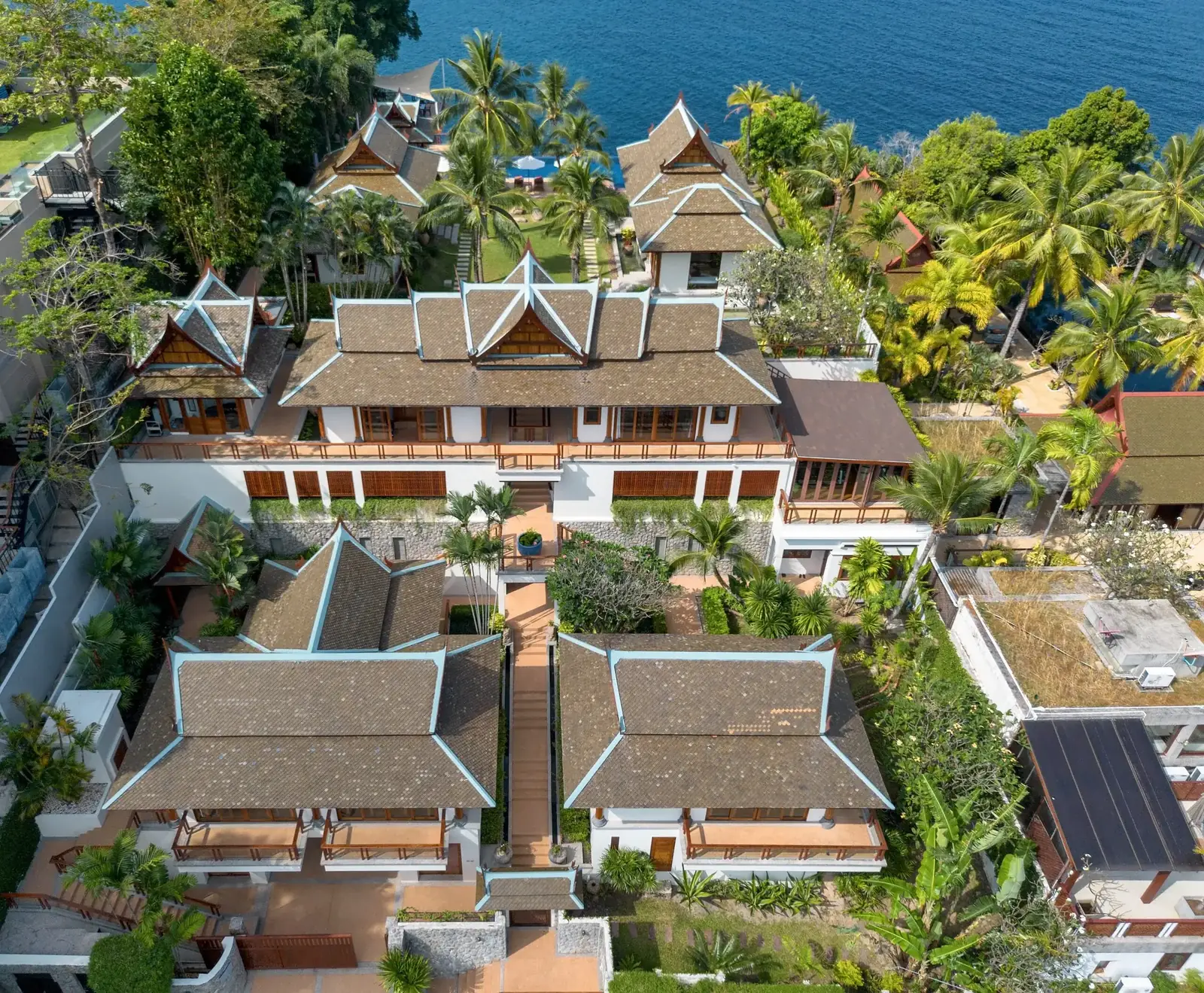 Aerial Thai pavilions and gardens