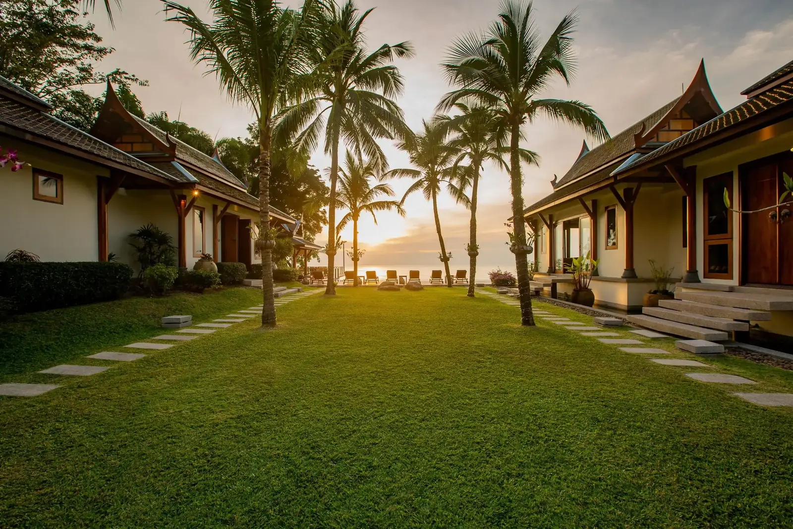 Central lawn at sunset toward the ocean