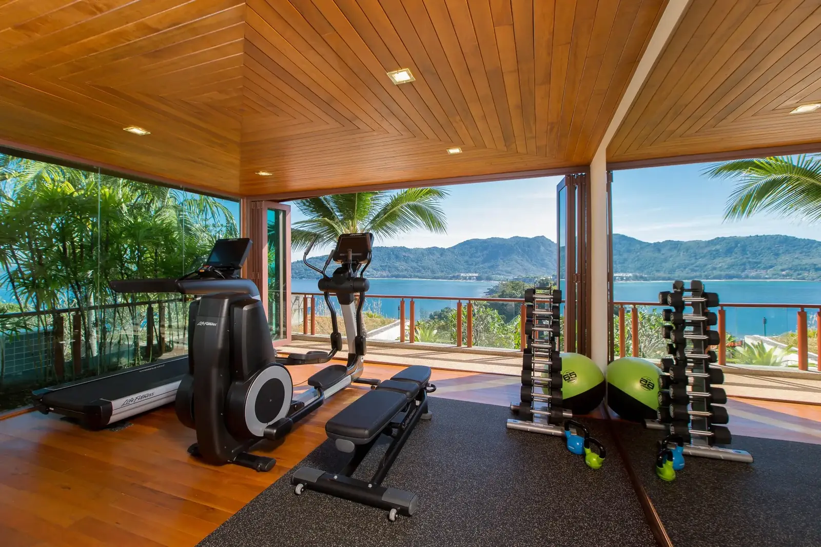 Ocean view gym with Life Fitness equipment