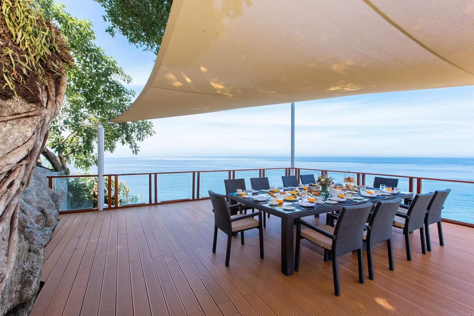 Oceanfront dining deck breakfast for 12