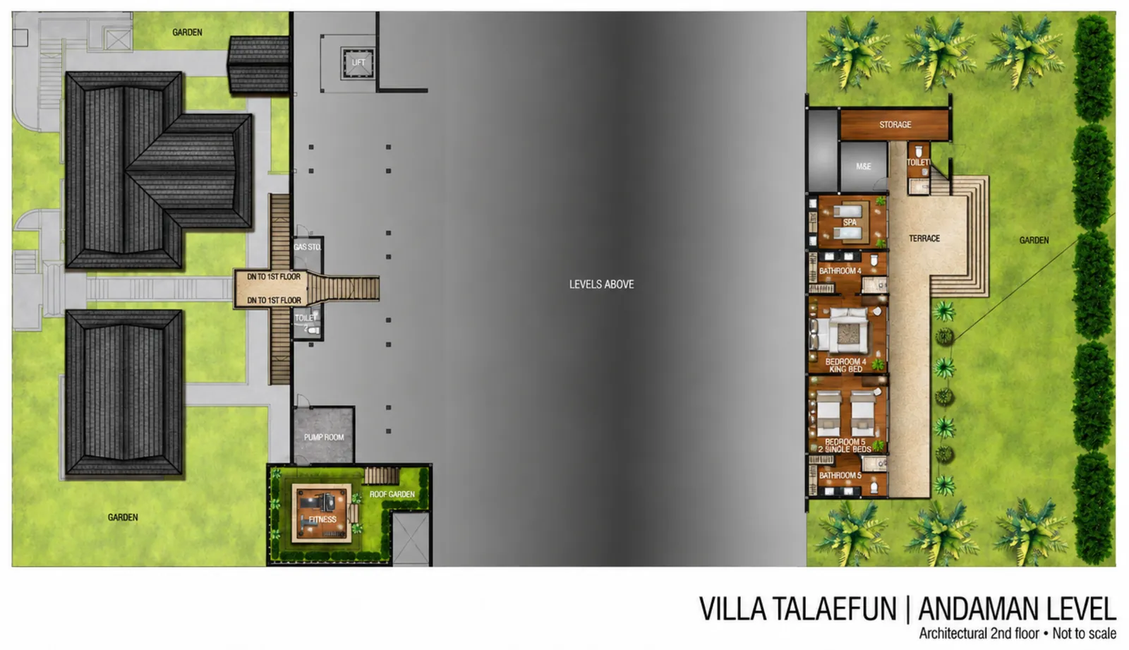 Villa Talaefun Andaman level floor plan: bedroom 4 with a king bed and bedroom 5 with 2 single beds along the sea side, each with its own bathroom, the spa above them, a long oceanfront terrace, and the fitness room, roof garden and pump room inland.