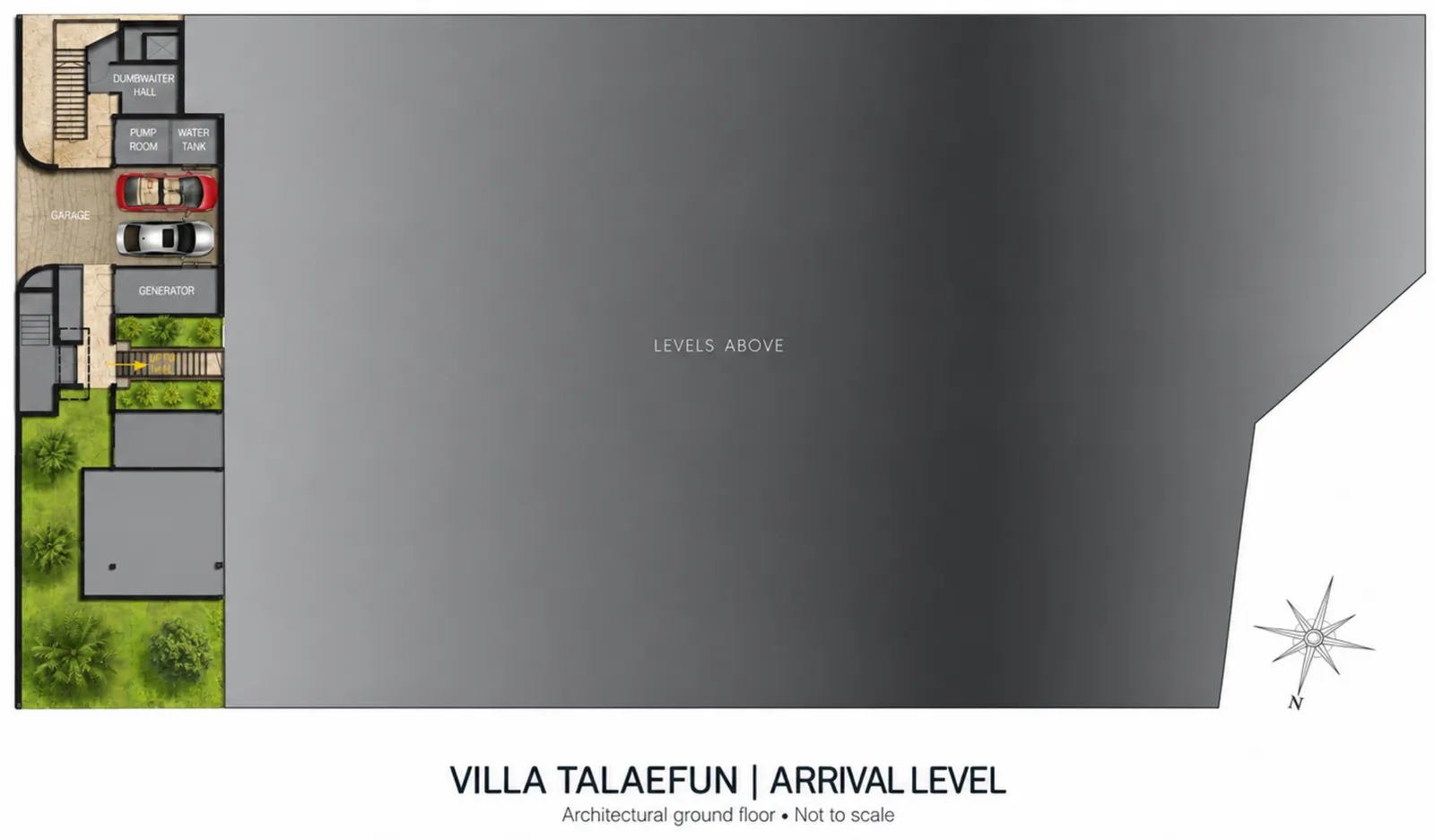 Villa Talaefun arrival level floor plan: the garage for 2 cars, the generator, pump room and water tank, the dumbwaiter hall and the stairs up to the bedroom level.