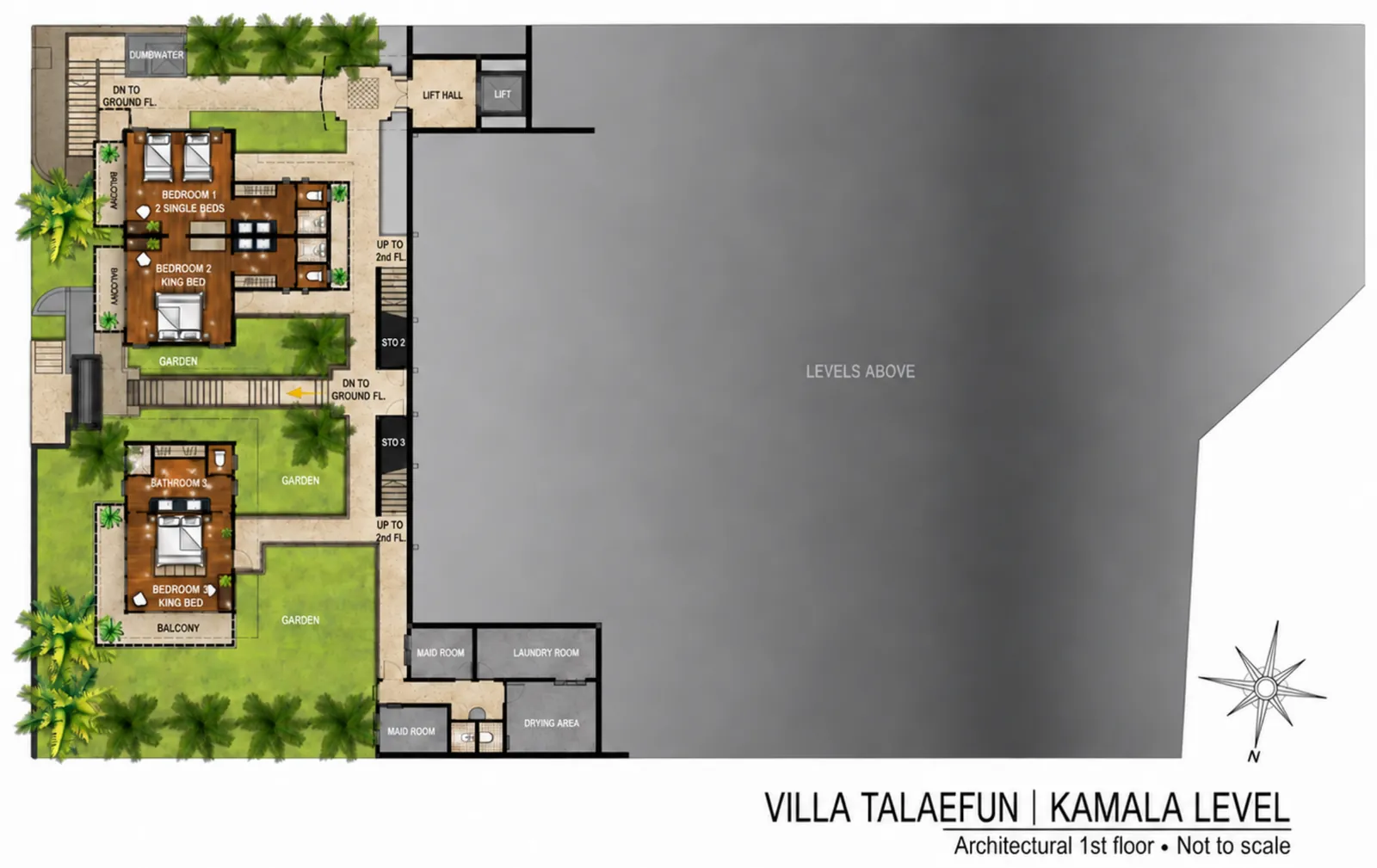 Villa Talaefun Kamala level floor plan: bedroom 1 with 2 single beds above bedroom 2 with a king bed in one pavilion, bedroom 3 with its own bathroom in a second pavilion, balconies facing Kamala Bay, the lift hall, and the maid, laundry and drying rooms behind.