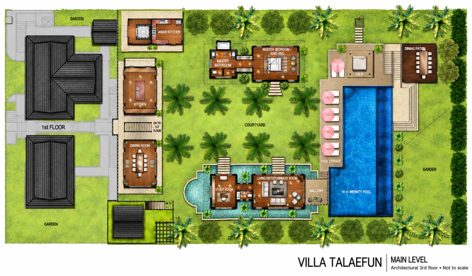 Villa Talaefun main level floor plan: the dining and kitchen pavilion and the lift and Asian kitchen along the west side, the master bedroom to the north, the living and entertainment room with the study over a water feature to the south, the sala by the pool, and the 18-metre infinity pool with the dining patio cantilevered out over the rocks.